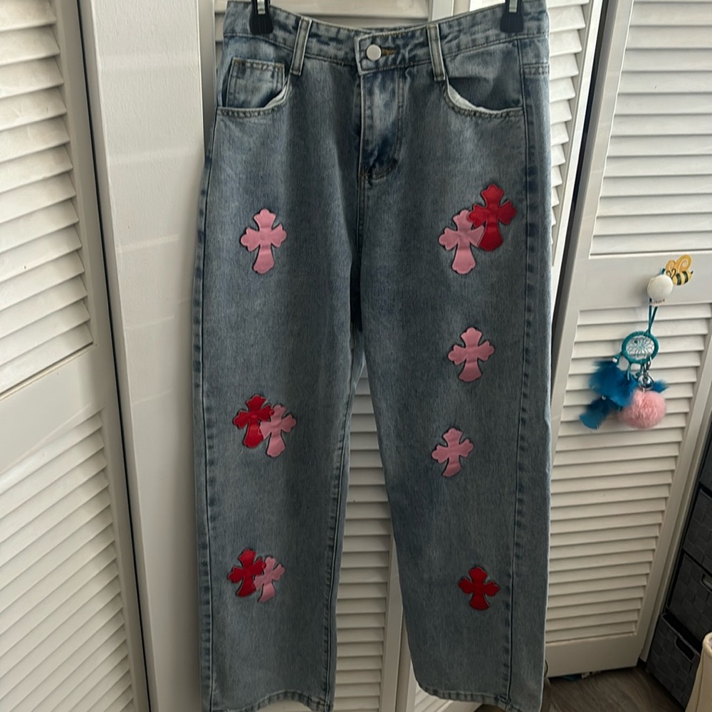 Custom pair of baggy chrome <3 s inspired jeans. Estimated size 4
